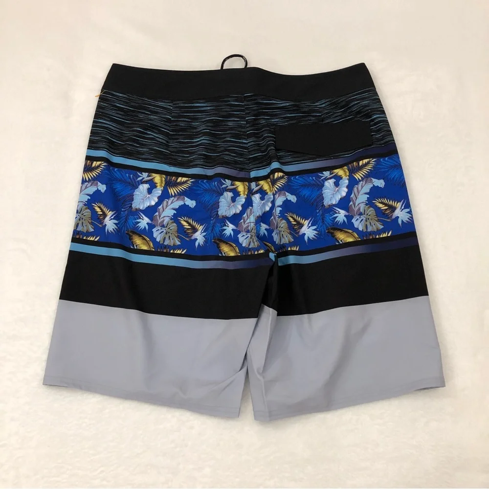 Rokka&Rolla 4 Way Stretch Black Blue Floral Surf Swim Trunks Board Shorts Men 33